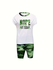 Camo Print 2pc Set: Crew Neck T-shirt & Shorts Women's Clothing