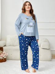 Cat Print Pajama Set Long Sleeve Top & Pants