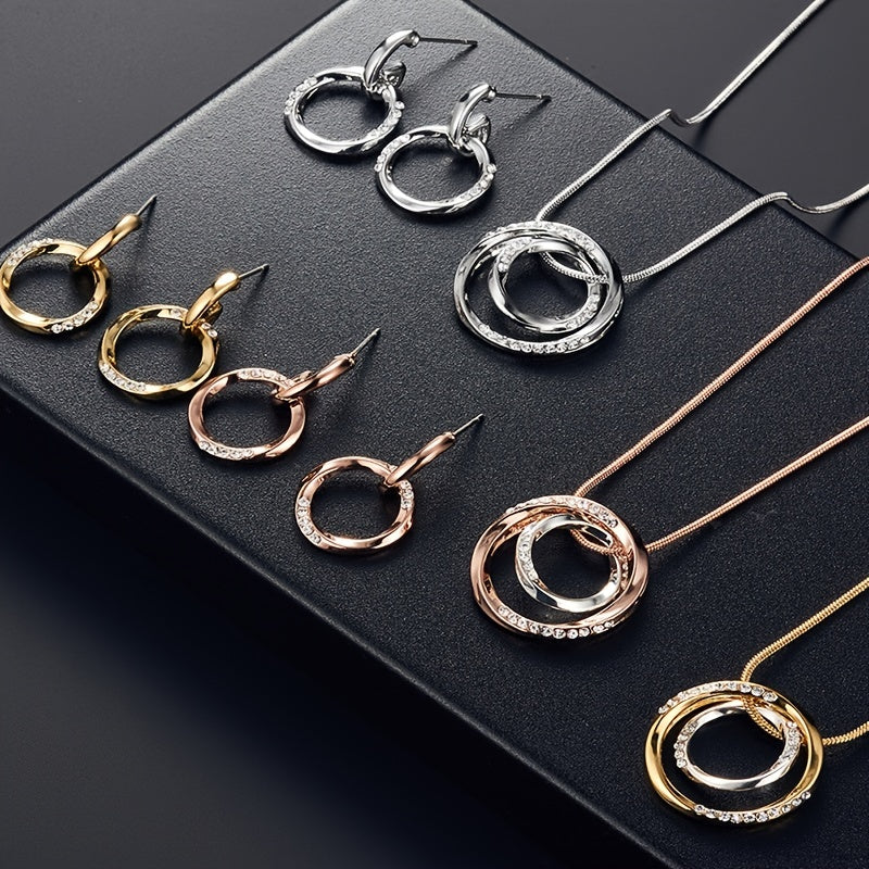 Circle Jewelry Set Inlaid Rhinestones Pendant Necklace & Dangle Earrings