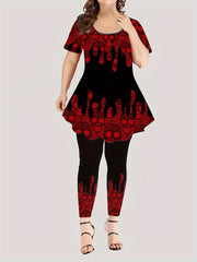 Gothic Outfits Set Women's Plus Skull Print Top & Leggings 2 Piece Set