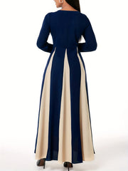 Block Maxi Dress Crew Neck Long Sleeve Dress Women's Clothing