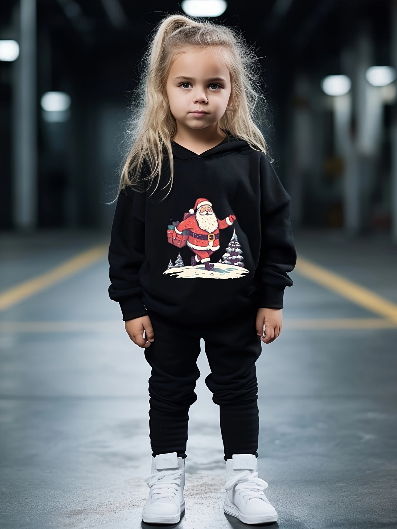 Santa On The Road Print 2pc Outfit Girls Hoodies Jogger Set For Sports Fall