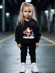 Santa On The Road Print 2pc Outfit Girls Hoodies Jogger Set For Sports Fall
