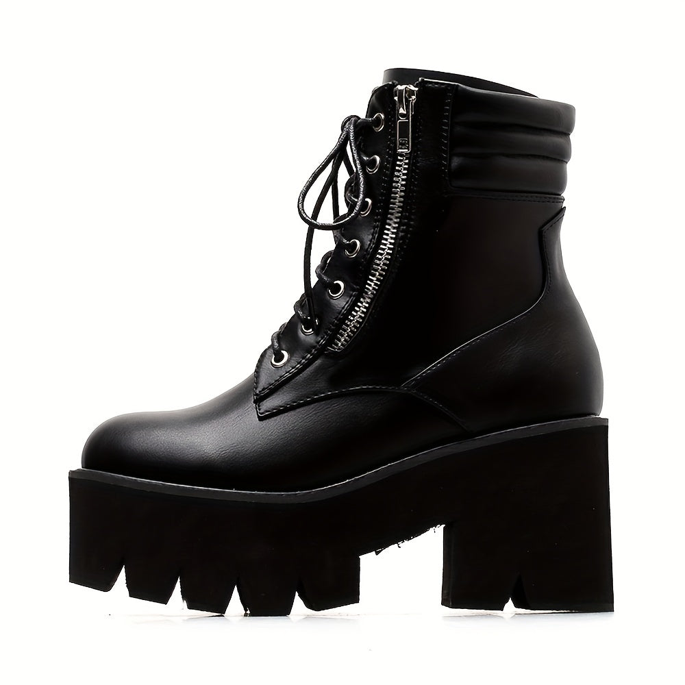 Women's Side Zip Platform Boots Lace Up Round Toe Shoes