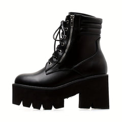 Women's Side Zip Platform Boots Lace Up Round Toe Shoes