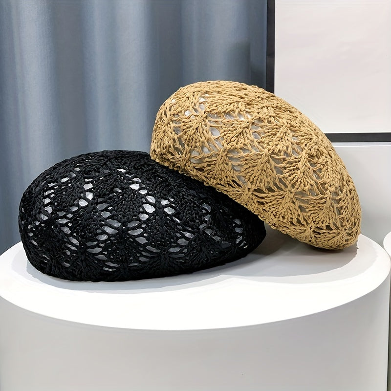 Crochet Hollow Beret Cap Breathable Straw Beanie Women Painter Hat