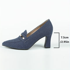 Women's Denim Loafers Pumps Pointed Toe Slip On Chunky Heels