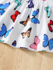 2pcs Girls Butterfly Print Bardot Top & Skirt Set