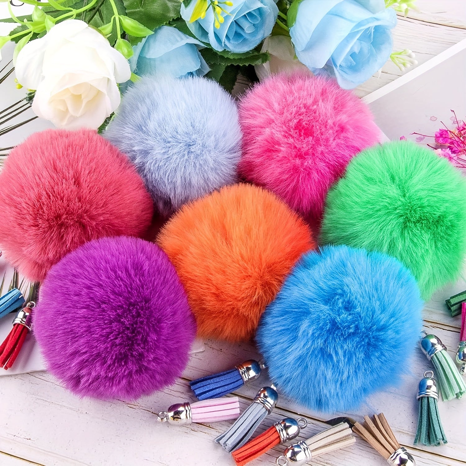 80pcs Faux Fur Ball Keychain Set With Tassel