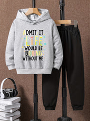 Boys Hoodie & Sweatpants Set, Letter Print, Casual, Long Sleeve, Loose Fit