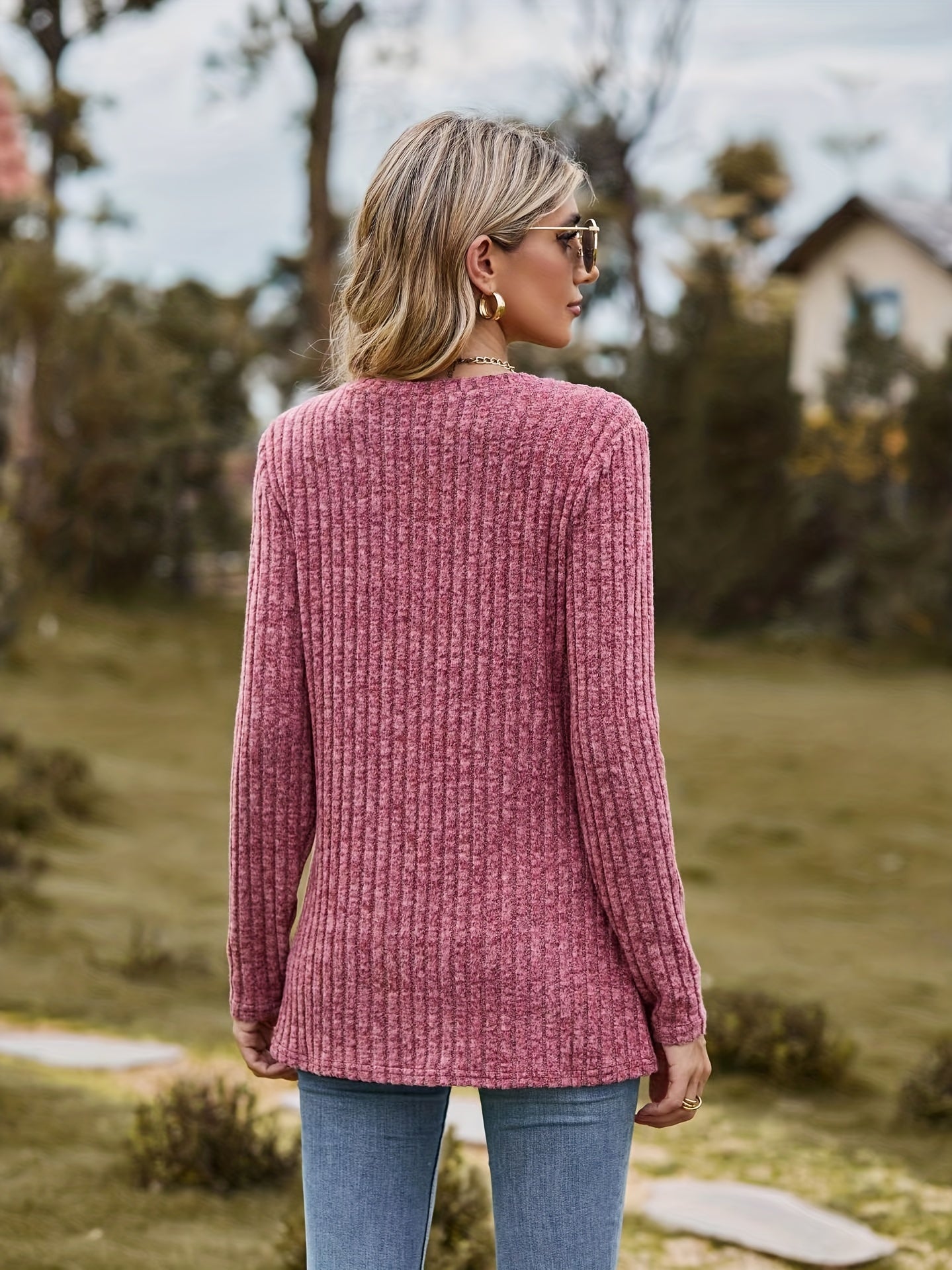 Solid Ribbed Long Sleeve Knit Top