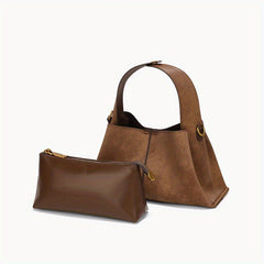 Dark Brown Split Leather Tote Bag with Magnetic Closure