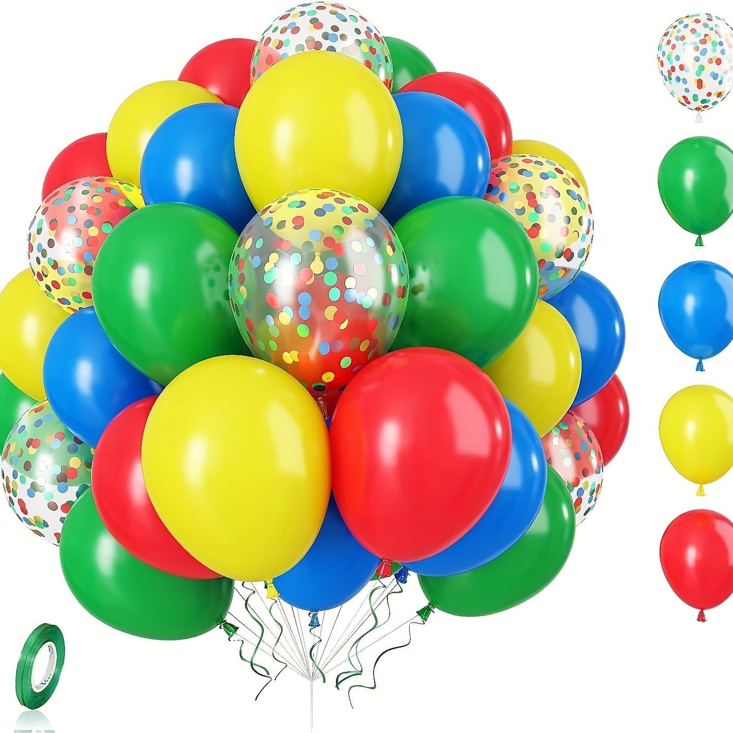 61pcs Red Yellow Green Latex Balloons Mixed Confetti Balloons Ribbon Birthday