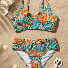 2pcs Girl's Tropical Leaf Cami Top & Shorts Bikini Swimsuit Set