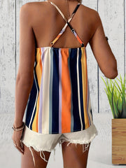 Striped Cami Top Criss Cross Back Casual Top Women's Clothing