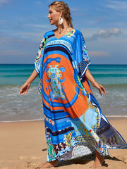 Boho Cover Up Dress Women's Plus Border Floral Print Bat Sleeve V Neck