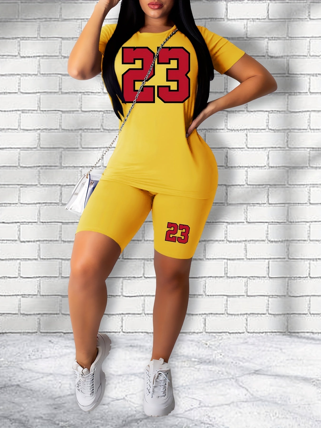 23 Number Print Two Piece Set Casual Short Sleeve T shirt & Skinny Shorts