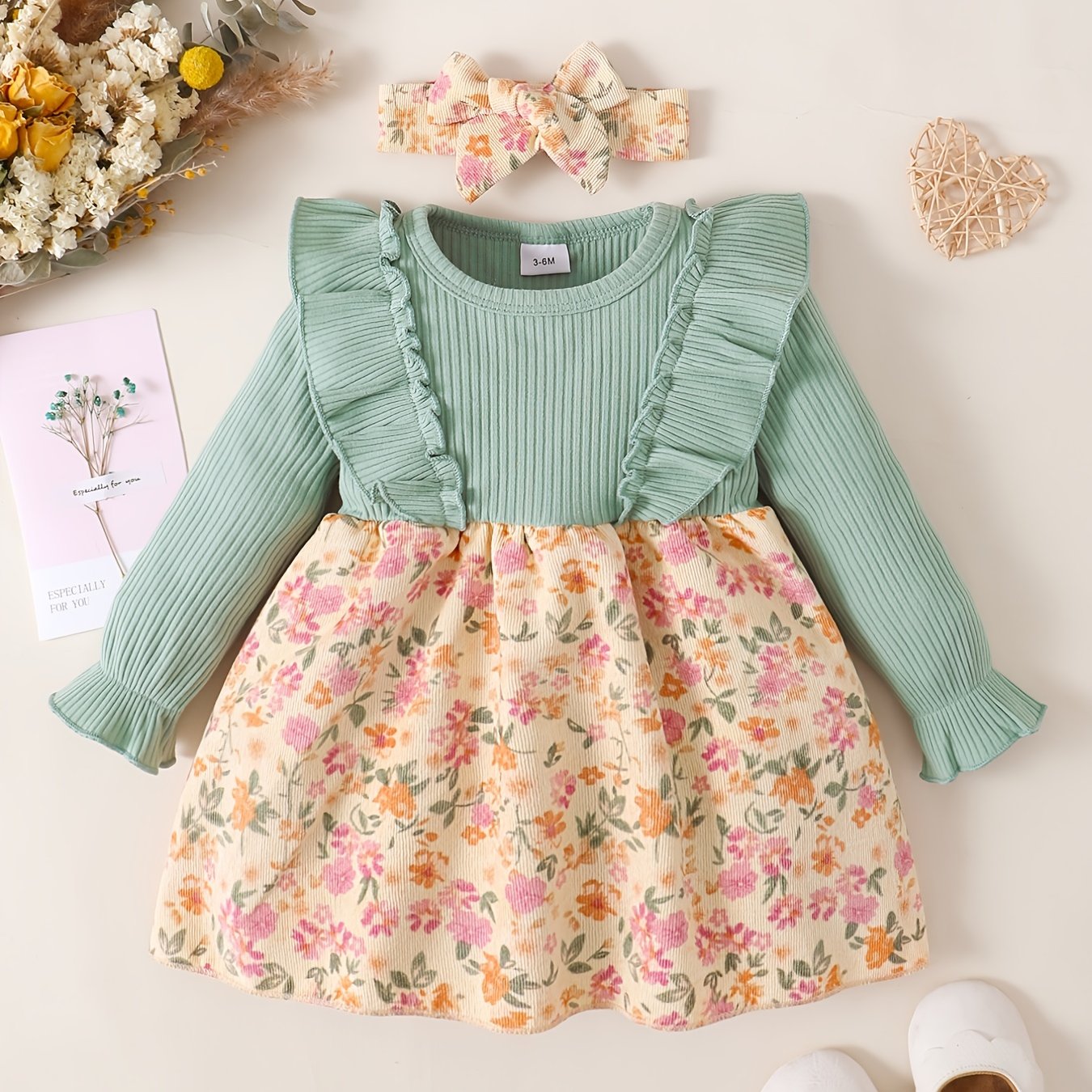2pcs Floral Print Set: Knitted Ditsy Dress & Bow Headband for Party Baby Clothes