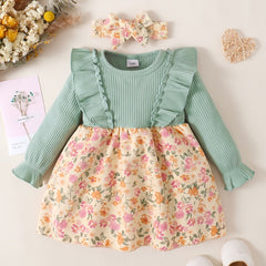2pcs Floral Print Set: Knitted Ditsy Dress & Bow Headband for Party Baby Clothes