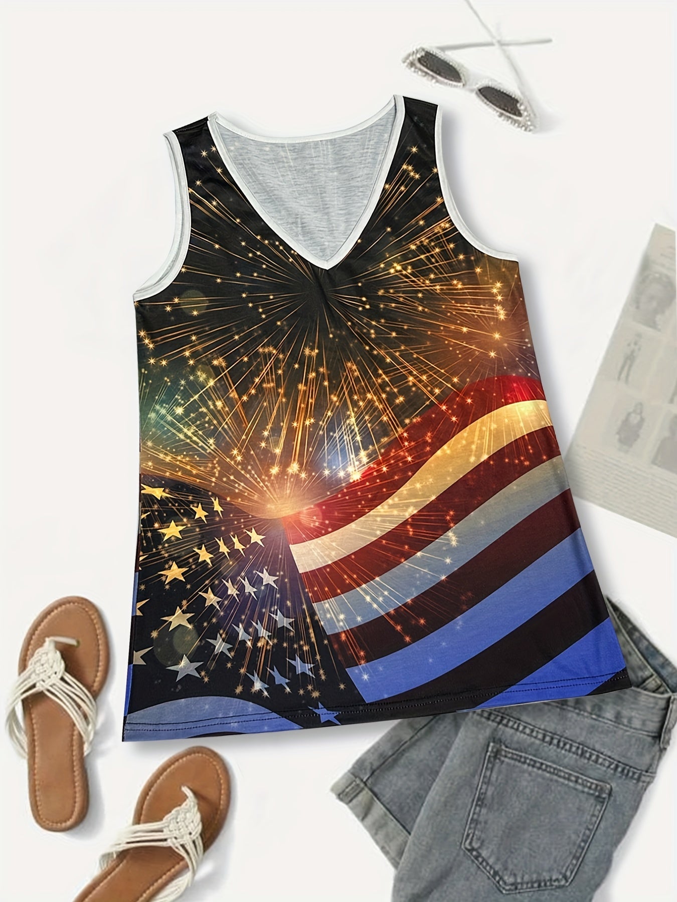 Flag Print V Neck Tank Top Casual Sleeveless Tank Top