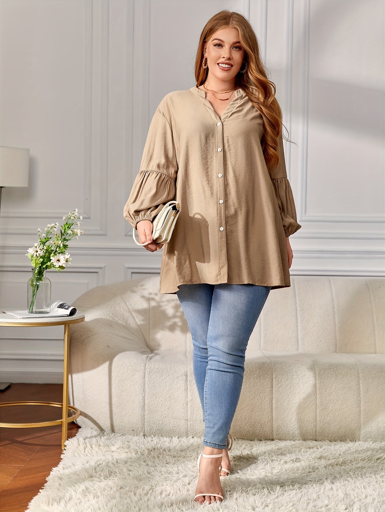 Casual Blouse Women's Plus Solid Lantern Sleeve V Neck Top