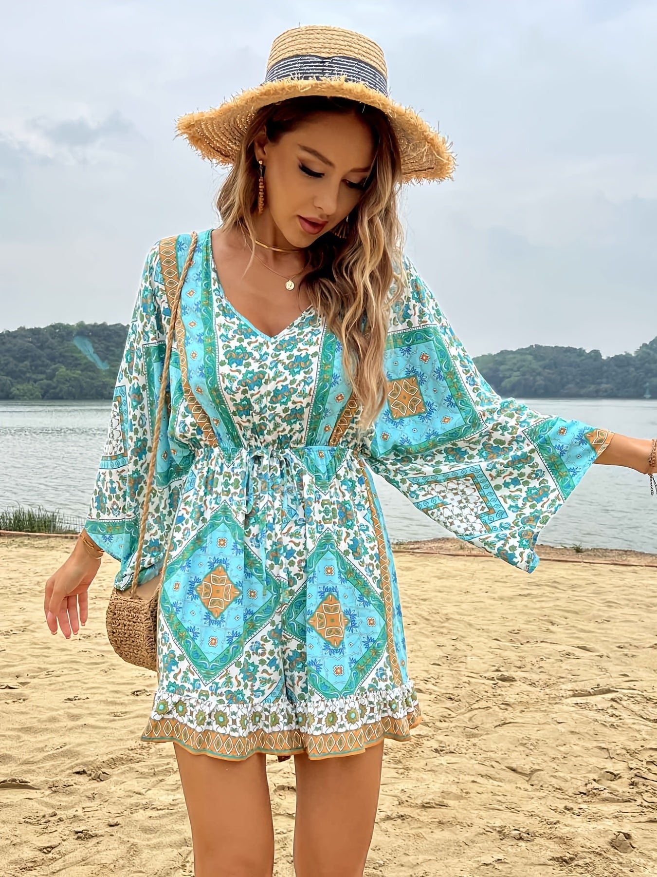 Bohemian Print Lace Up Waist Jumpsuit Bo...