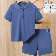 Boys Zipper Polo Shirt and Shorts Set for Summer