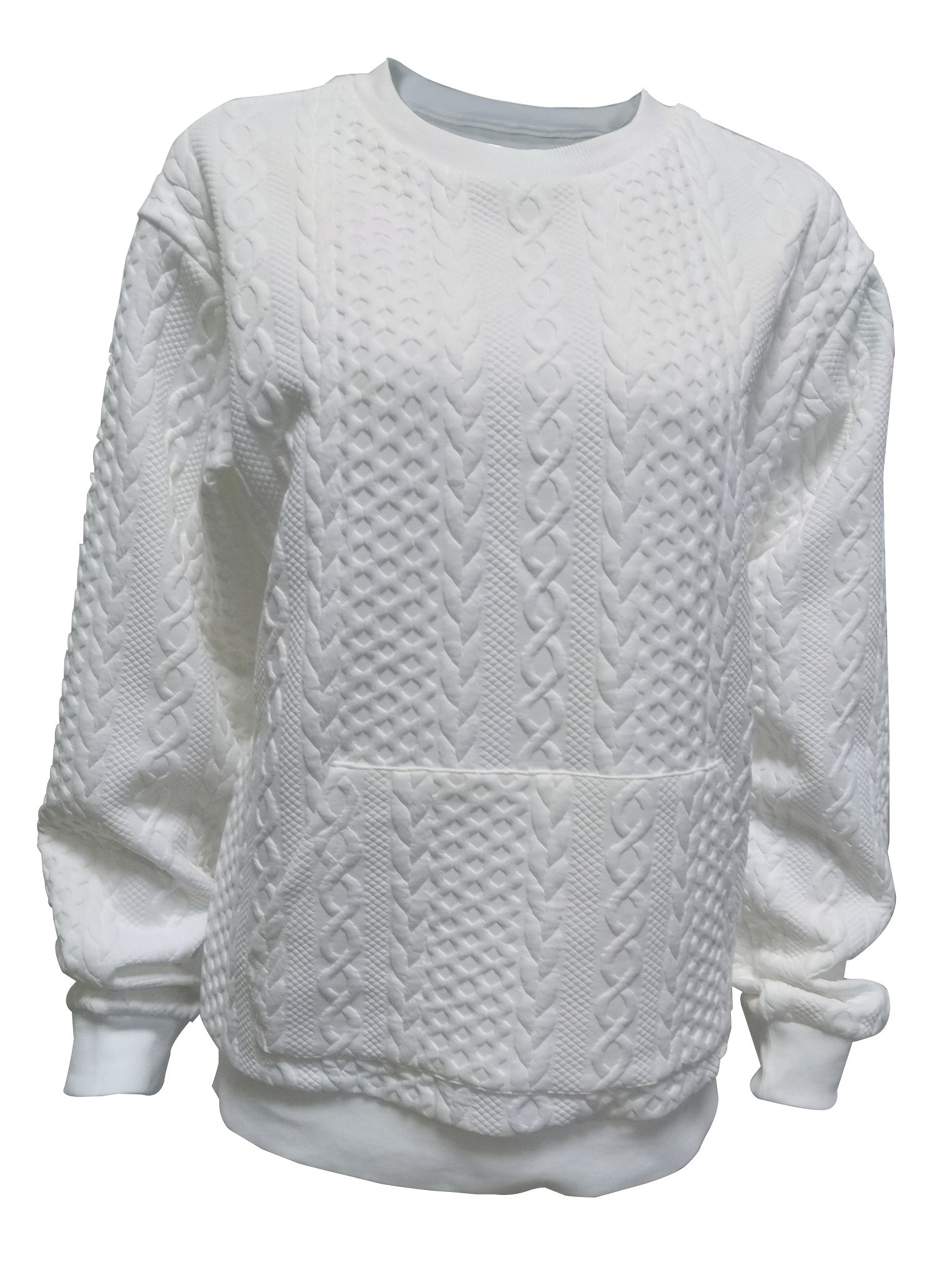 Twist Pattern Kangaroo Pocket Sweatshirt Crew Neck For Fall & Winter