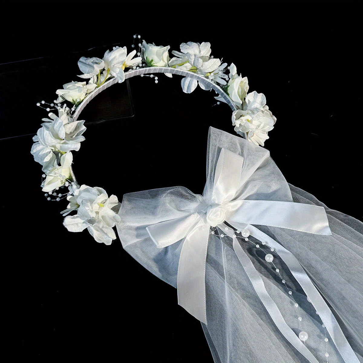 Short Wedding Veil Bow Headband for Women Bridal Veil with Floral Accents