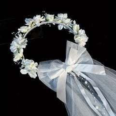 Floral Bridal Veil Headband with Bow Short Wedding Veil for Women