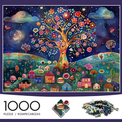 Enchanting Night Sky Puzzle 1000pcs Starry Tree & Whimsical Village Scene