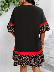 Plus Size Colorblock Leopard Print Ruffle Trim Bell Sleeve Loose Dress