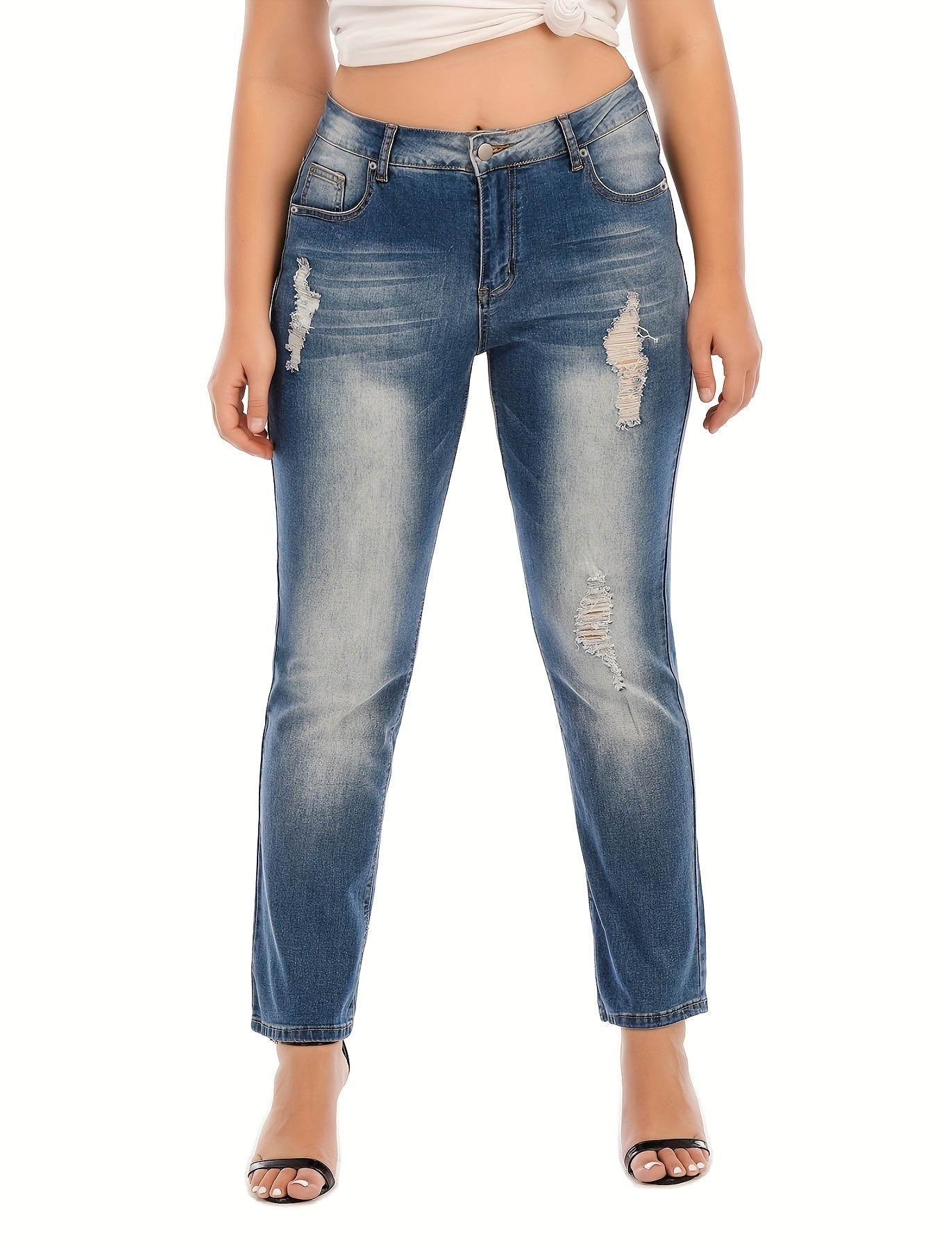 Washed Ripped Button Fly High Stretch Jeans