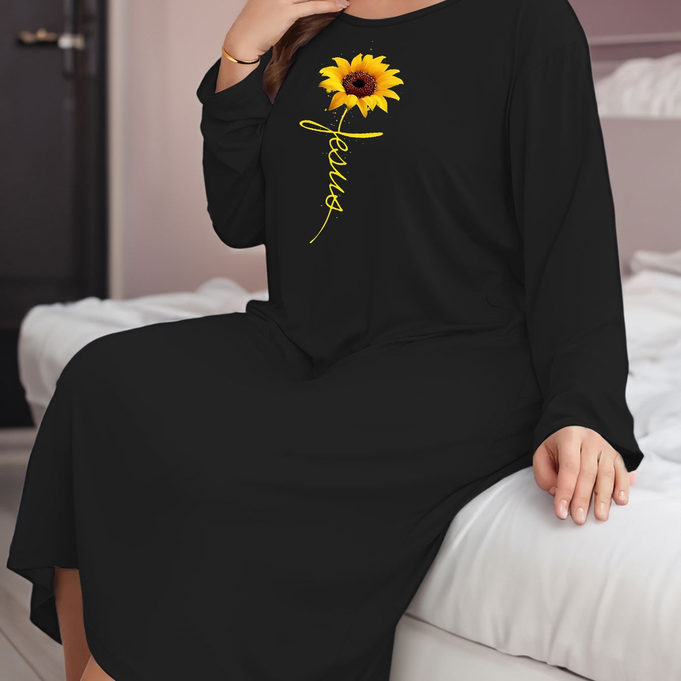 Sunflower Print Lounge Dress Long Sleeve Round Neck Stretch Nightdress