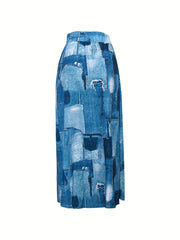 Patchwork Printed Maxi Skirt Casual Split Thigh