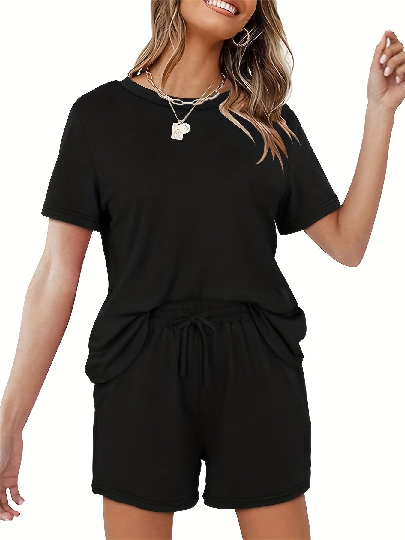 Casual Two Piece Set Short Sleeve T Shirt & Drawstring Shorts