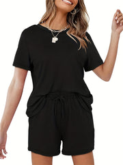 Casual Two Piece Set Short Sleeve T Shirt & Drawstring Shorts