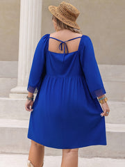 Solid Long Sleeve Square Neck Button Tie Back Dress