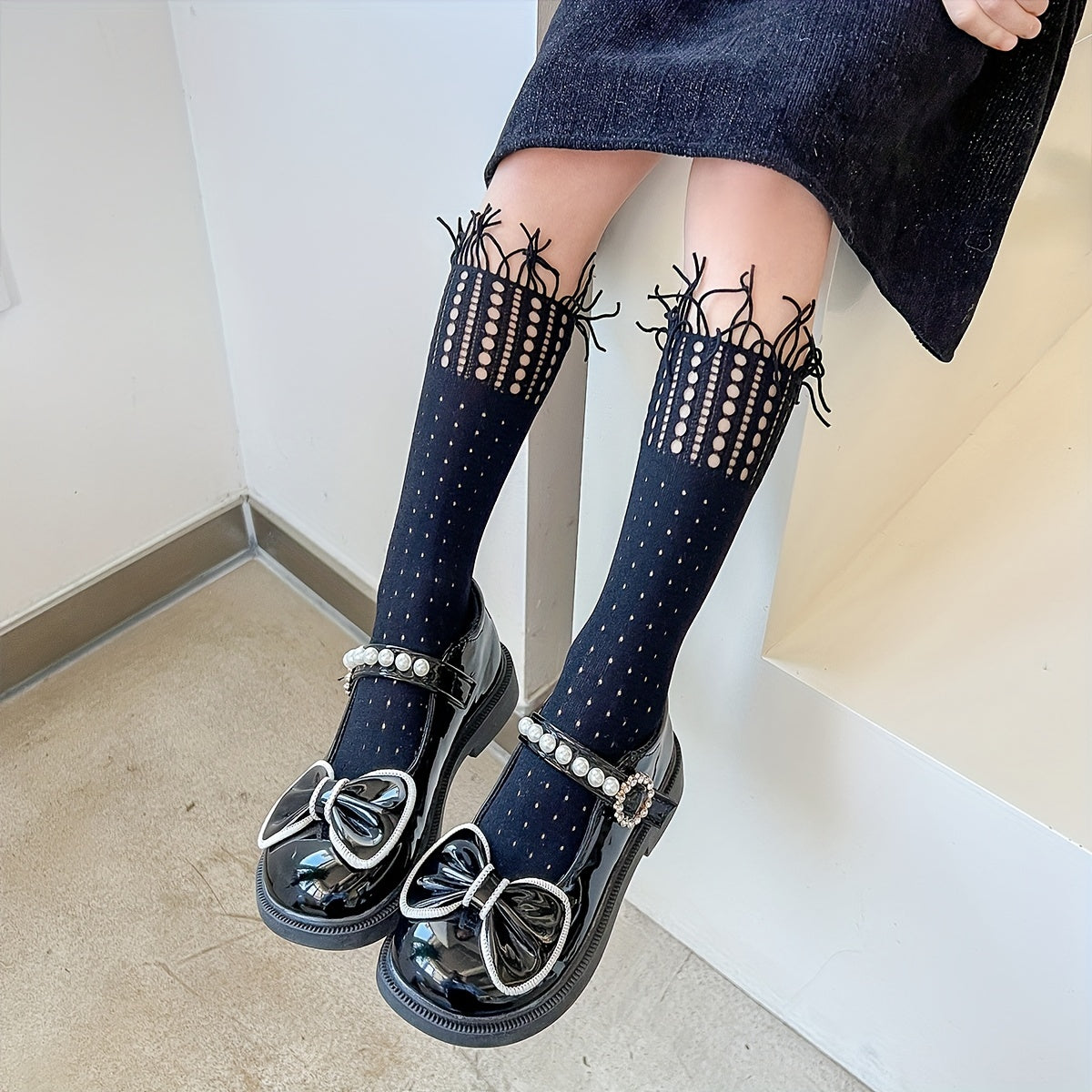 Girls Cotton Blend Knee High Stocking Tassel Lace Mid Tube Socks