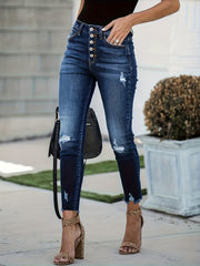 Ripped Cropped Skinny Jeans High Waist Distressed Denim Pants Women's