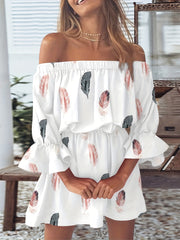 Feather Print Off Shoulder Ruffle Trim Lantern Sleeve Mini Dress