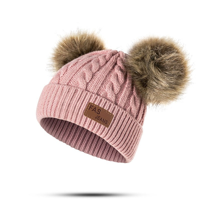 Girls Knit Cap Thermal Beanie Hat With Plush Ball for Winter