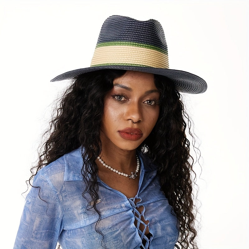 Striped Block Sun Hat Jazz Fedora Cap Beach Hats For Women Men