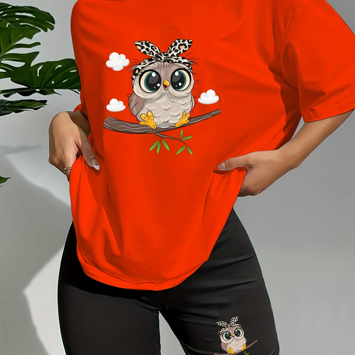 Owl Print Lounge Set Short Sleeve Crew Neck Top & Elastic Shorts
