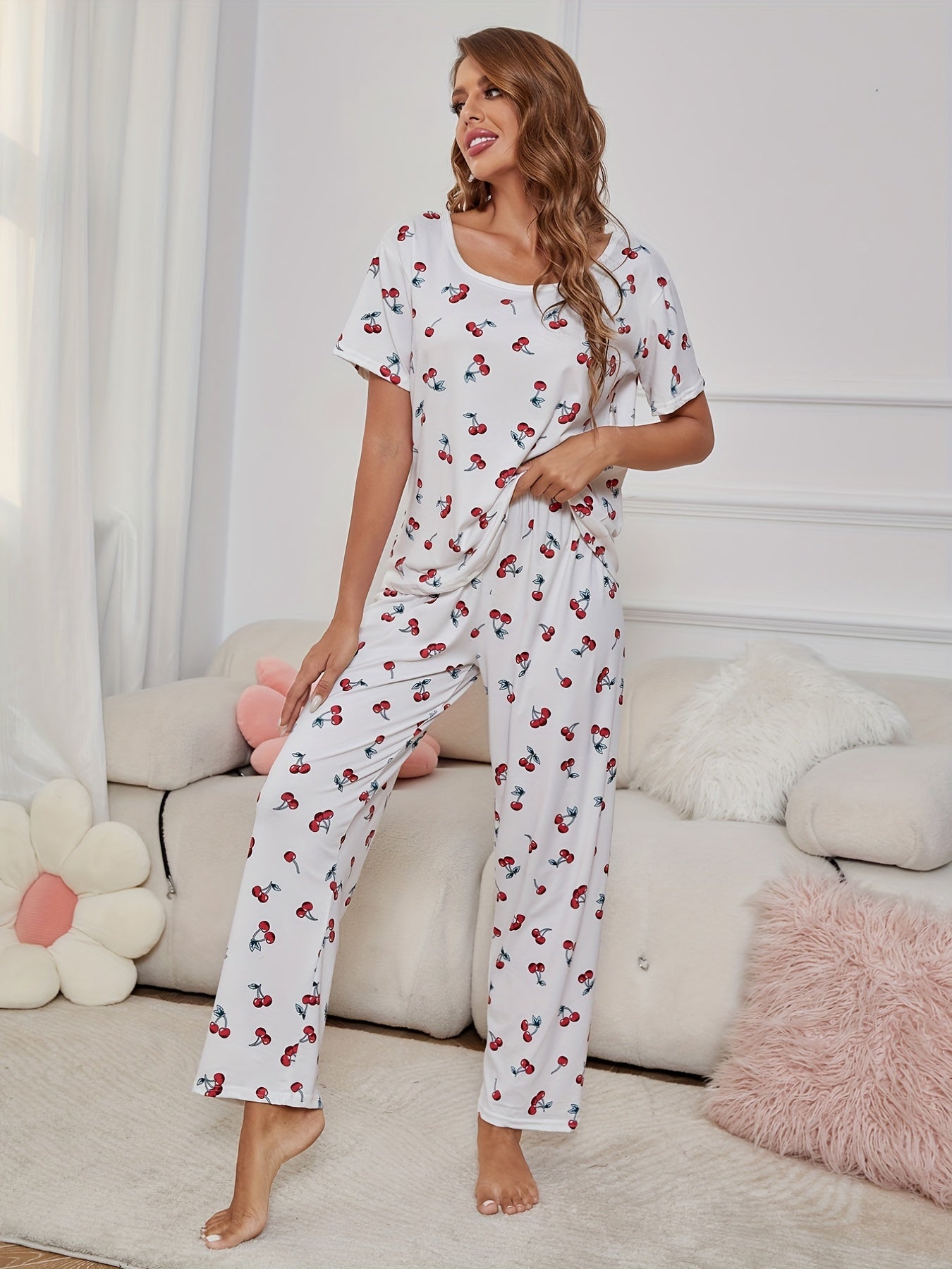 Cherry Print Pajama Set Short Sleeve Top & Pants