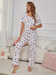 Cherry Print Pajama Set Short Sleeve Top & Pants
