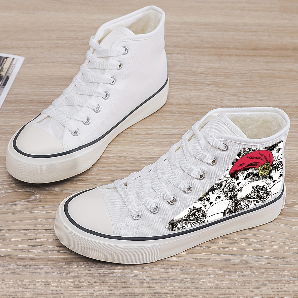Cat Print Plush Lined Chunky Canvas Sneakers