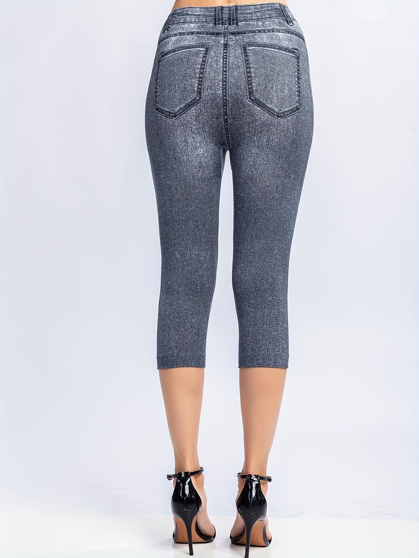 Denim & Butterfly Print Leggings Casual Skinny High Waist Women's Clothing
