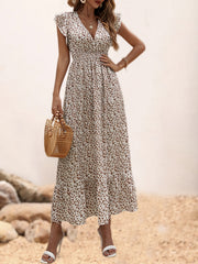 Ditsy Floral Print Dress Ruffle Trim V Neck Maxi Dress
