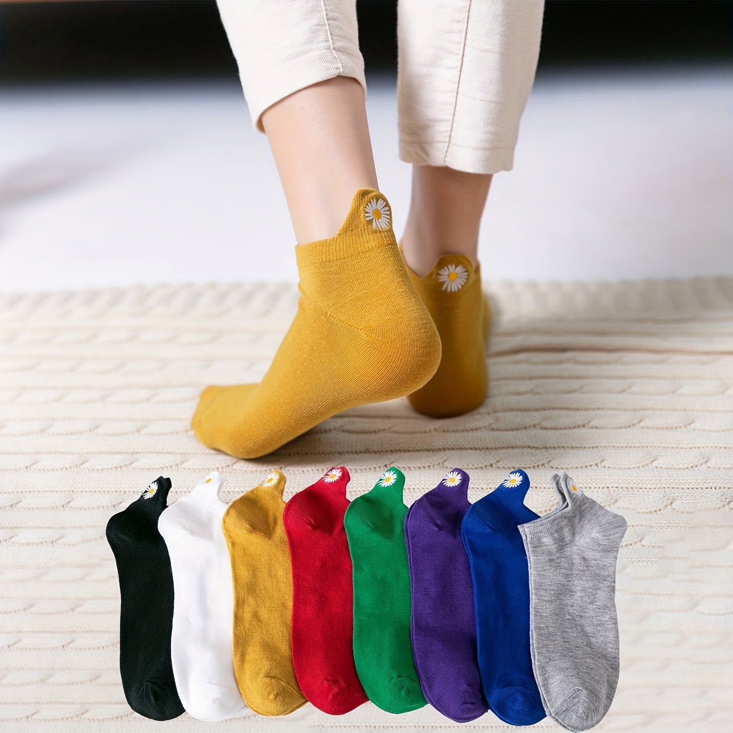8 Pairs Floral Embroidery Socks Low Cut Ankle Stockings Women's Hosiery